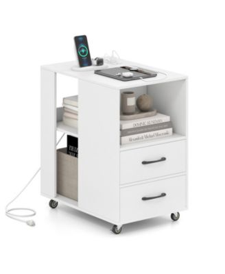 End Table with Built-In Charging Station, 2 Drawers and Locking Wheels