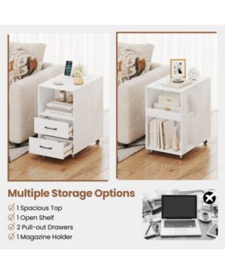 End Table with Built-In Charging Station, 2 Drawers and Locking Wheels