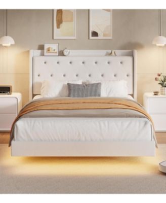 Floating Bed Frame LED Lights Velvet Upholstered Platform Storage Headboard No Box Spring Noise-Free