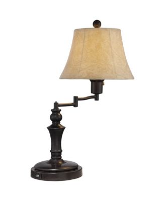 Traditional Swing Arm Desk Table Lamps 21.75" High Set of 2 with USB Port Bronze Metal Faux Leather Shade for Living Room Bedroom