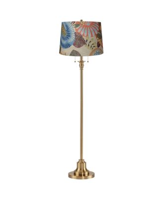Dyna Traditional 58" Tall 2-Light Standing Floor Lamp Pull Chain  Antique Brass Finish Drum Tropical Flower Shade