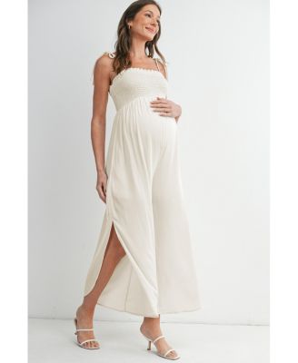 Maternity Smocked Wide-Leg Jumpsuit with Tie Shoulders and Side Slit