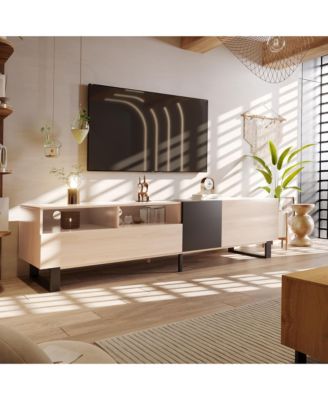 Modern TV Stand for 80'' TV, Wooden Entertainment Center with Double Storage Space and  Drop Down Door, Media Console Table for Living Room