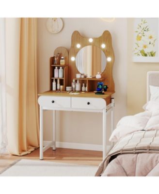 Small Vanity Desk with Round Lighted Mirror and Power Outlets