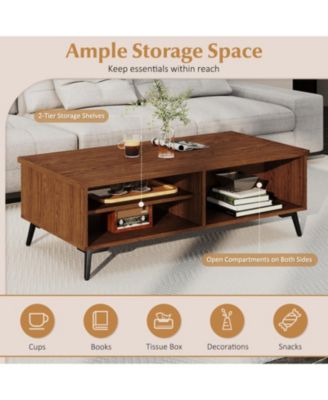 47 in Mid-Century 2-Tier Coffee Table with Shelves and Compartments