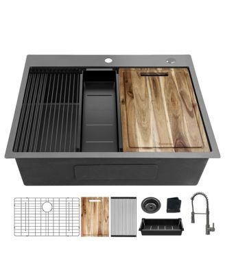 33 Inch Drop In Workstation Sink 18 Gauge Single Bowl Topmount Stainless Steel with Spring Neck Faucet and Accessories