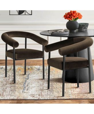 Set of 2 Velvet Upholstered Dining Armchairs Curved Arms Metal Frame