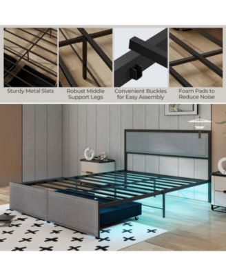 Queen Metal Platform Bed Frame with LED Lights and Storage Drawers
