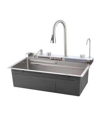 Single Bowl Kitchen Sink Combo Set 304 Stainless Steel with Pull Out Faucet Whale Waterfall Vegetable Washing Basin