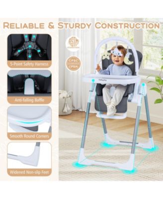 Foldable Baby High Chair with Adjustable Height and Reclining Seat