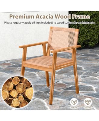 Acacia Wood Patio Dining Chairs Set of Two with Rattan Design