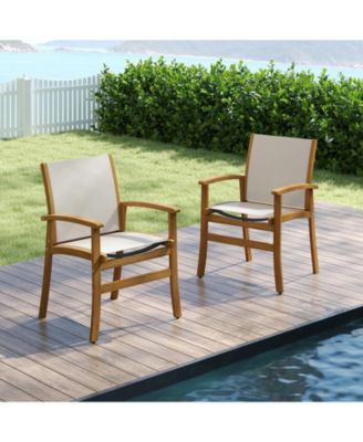 Patio Chairs Set of Two Acacia Wood Armchairs with Fabric Seats