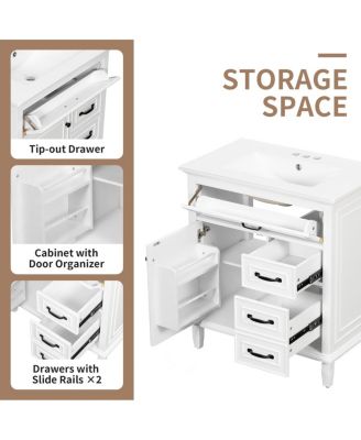 30 Inch Bathroom Vanity with Ceramic Sink, Solid Wood Freestanding Cabinet with Flip Drawer and Soft-Close Door