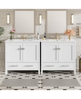 72 Inch Double Bathroom Vanity Set with Ceramic Sinks, Solid Wood Cabinet, Ample Storage and Soft Close Doors, Modern Freestanding