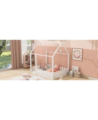 Full Size  Wood House Bed Frame with Surrounding Fence Roof Design for Kids Teens Boys and Girls