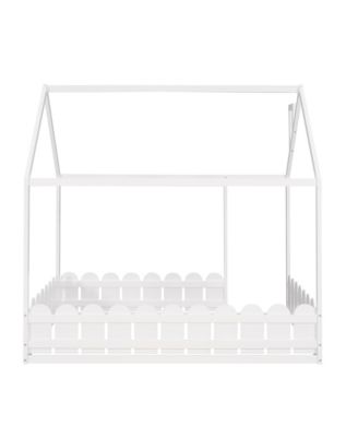 Full Size  Wood House Bed Frame with Surrounding Fence Roof Design for Kids Teens Boys and Girls