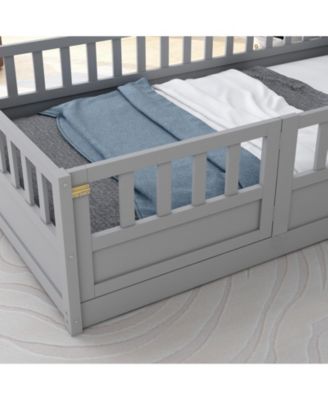 Twin Size Montessori Wooden Floor Bed With High Security Barrier And Door For Kids Bedroom