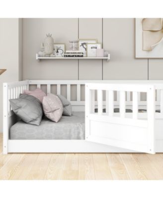 Full Size Montessori Wooden Floor Bed With Support Slat High Barrier And Door For Kids