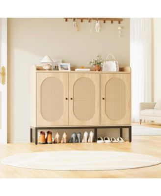 Oak Rattan 3-Door Shoe Cabinet - 8-Tier Adjustable Shelves Freestanding Large Entryway Storage