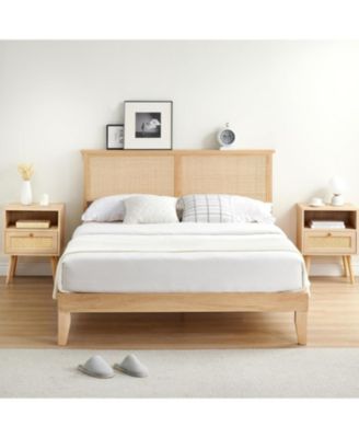 3 Pieces Wood Bedroom Set Full Bed Frame with Nightstands Set of 2 Bed Frame with Rattan Headboard and LED Lights Wood Nightstand