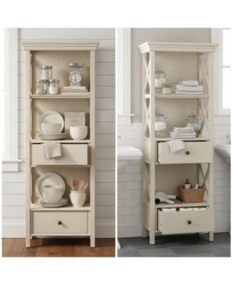 Cottage Chic Display Cabinet Bookcase Antique White Engineered Wood 3 Shelves 2 Drawers Lattice Sides Crown Moulding