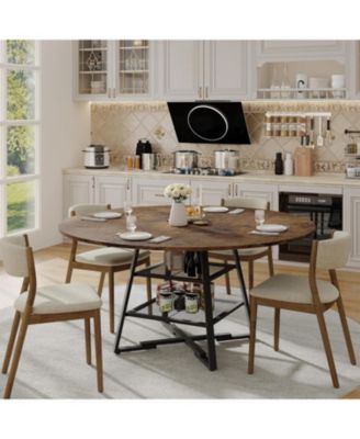 Dining Room Round Table Set for 4-6, Circle Kitchen Dining Table with Metal Base, 47 Inch Wooden Round DiningTable