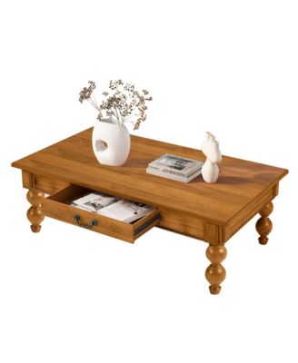 Rectangular Wooden Coffee Table, Vintage Center Table with Storage Drawer, Gourd-Shaped Legs for Living Room