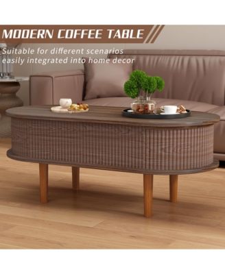 Fluted Lift Top Coffee Table, Modern Oval Wooden Center Table with Hidden Compartment for Living Room or Home Office