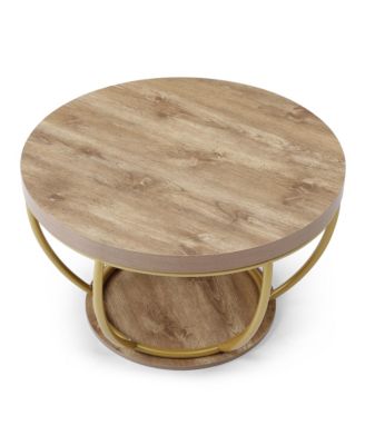 31" Round Coffee Table - 2-Tier Storage Shelves, Industrial Modern Wood & Metal Center Table for Living Room, Home Office