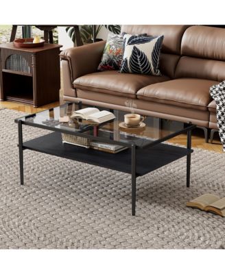 Rectangle 2 Tier Coffee Table, Center Table with Tempered Glass Top and Wood Storage Shelf for Living Room, Small Space