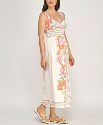 Juniors' Sleeveless Scallop Strap Ruched Waist Midi Dress