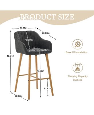 Bar Stools Set of 2 - Linen Fabric Upholstered Counter Height Chairs with Back, Footrest and Solid Wood Legs for Kitchen Island