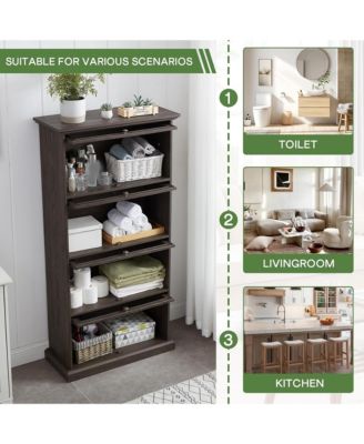 Display Cabinet with 4 Flip up Glass Doors, 4-Tier Versatile Storage Organizer, Antique Bookcase for Living Room