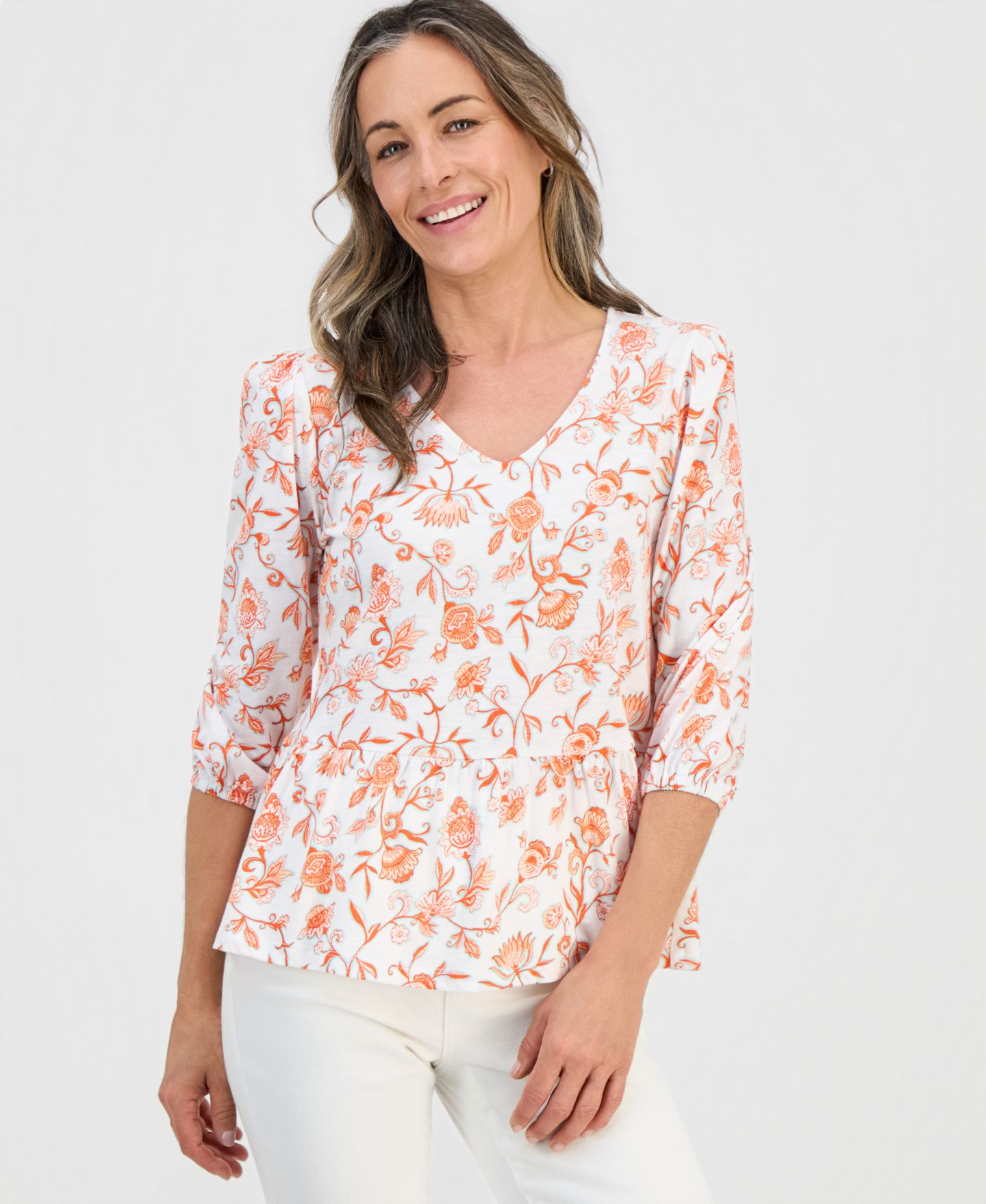 Женский топ Style & Co Printed 3/4-Sleeve V-Neck Peplum Top, цвет: Яркий белый — фото 1