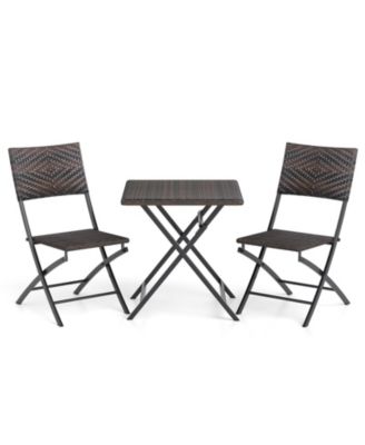 3 Piece Rattan Bistro Set Outdoor Folding Dining Table and Chairs with Wicker Seat