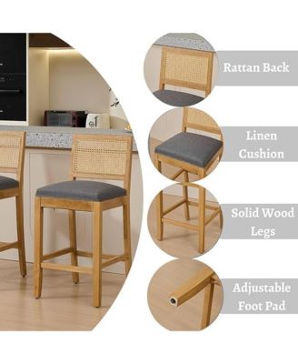 Rattan Bar Stools Set of 2 - Linen Fabric Upholstered, High-Resilience Foam and S-Springs, Counter Height Chairs for Kitchen Island