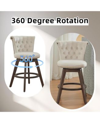 360° Swivel Bar Stools Set of 2, Velvet Counter Height Chairs with Curved Backrest, Nailhead Trim and Solid Wood Legs for Kitchen Island
