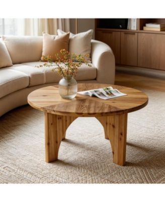 Solid Wood Round Coffee Table, Farmhouse Center Table with Curved Legs, Circle Cocktail Tea Table