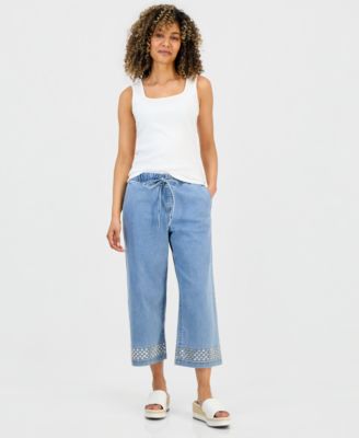 Petite High-Rise Wide-Leg Embellished Jeans