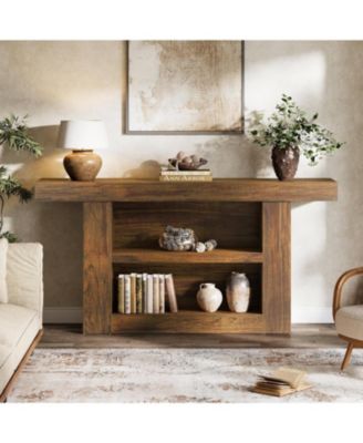 63-Inch Console Table with Storage, 3-Tier Farmhouse Entryway Table with U-Shaped Base, Wooden Sofa Furniture Behind The Couch