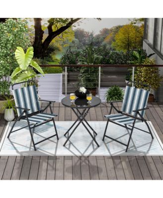 3 Pieces Patio Folding Chair Set w/ 2 Chairs and Glass Round Coffee Table Porch Deck Backyard