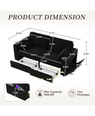 Modern 2-Seater Chenille Couch, 67 Inch Loveseat Sofa with USB Ports, Cup Holders, Storage and Solid Wood Frame for Living Room