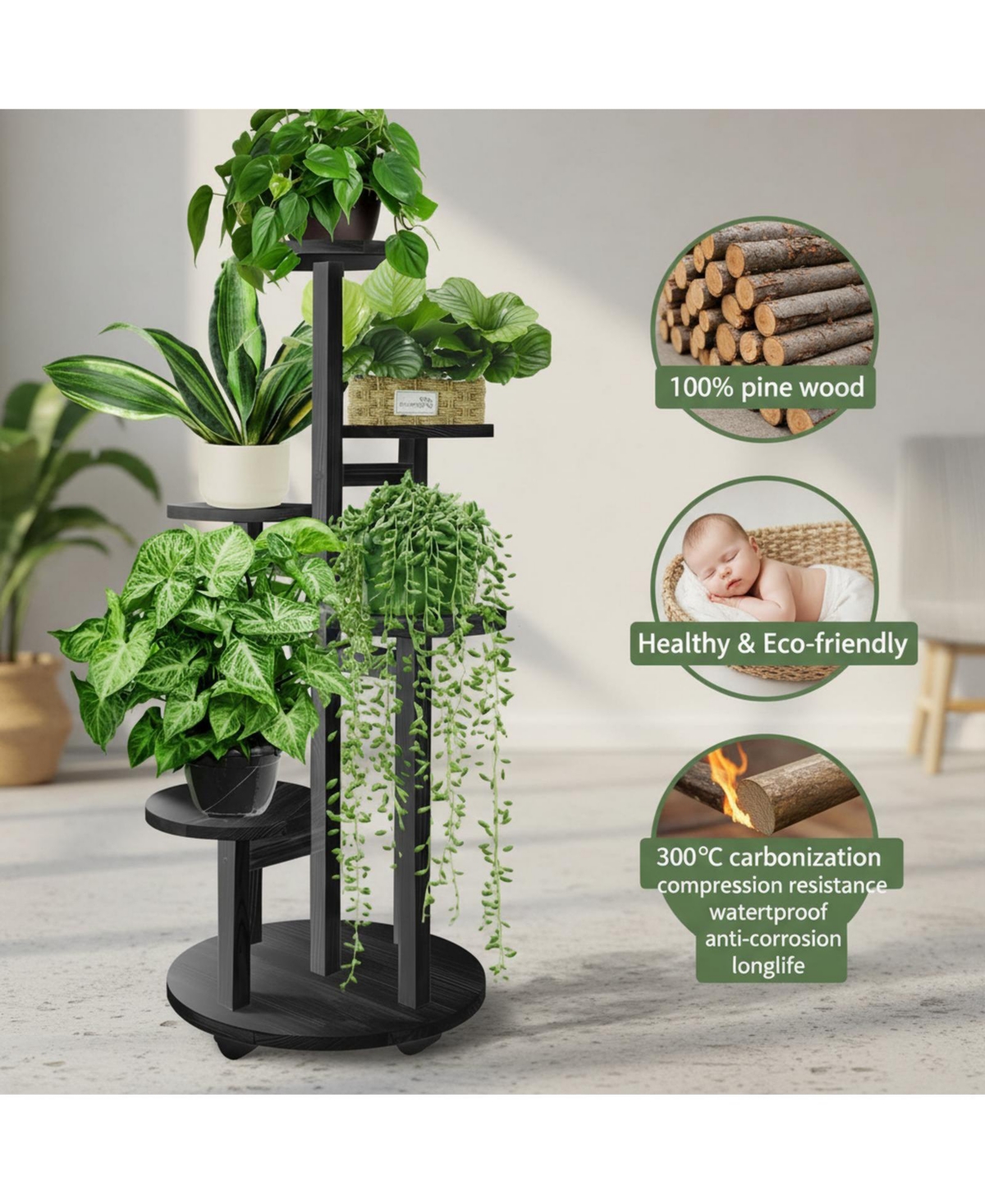 Yigii 5 Tiered Wood Plant Stand Indoor with Wheels Multi-Tier Flower Pot Holder for Living Room Balcony Garden