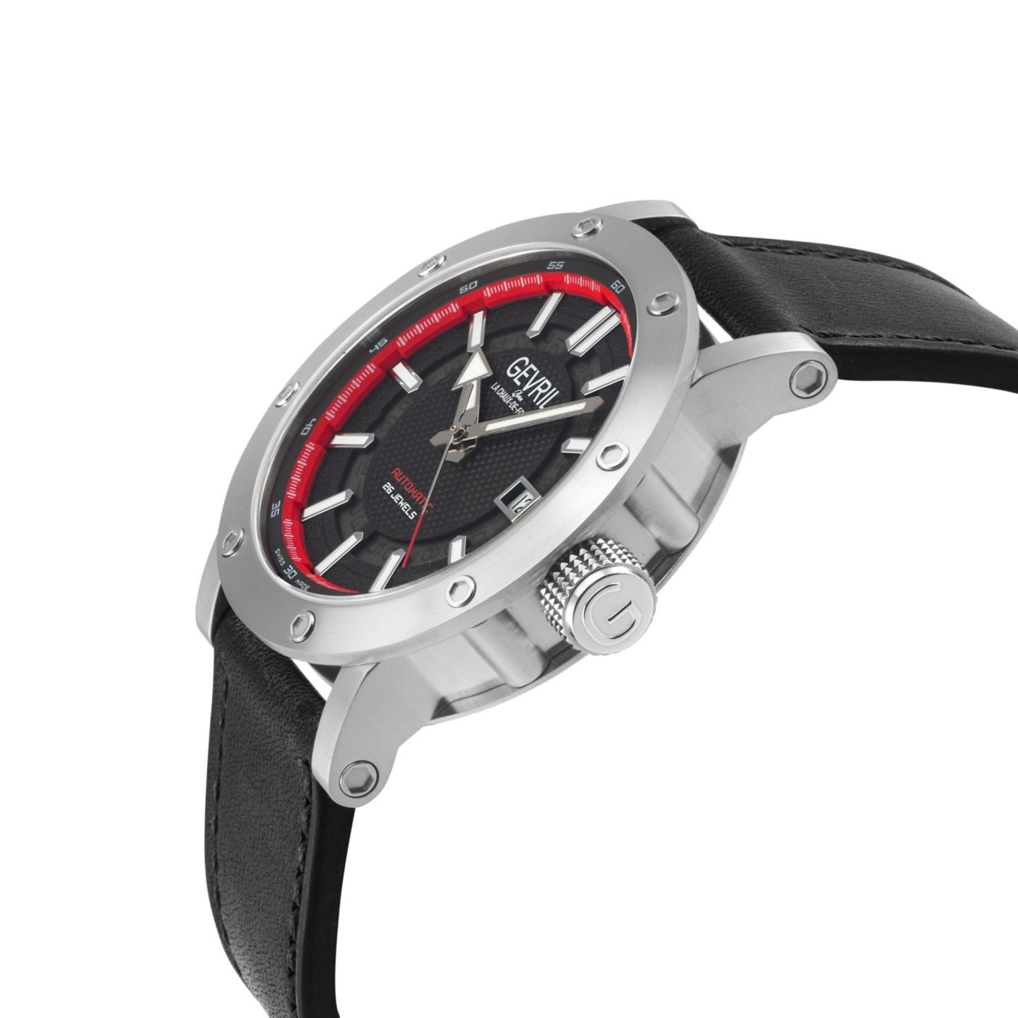 Мужские часы Gevril Flat Iron Swiss Automatic Black Leather Strap Watch, цвет: Серебряный — фото 3
