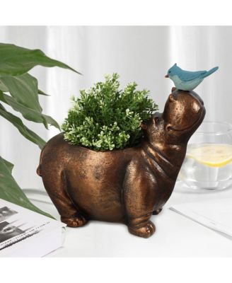 Brown Hippo and Blue Bird MgO Flower Pot Planter