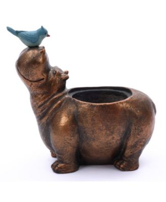 Brown Hippo and Blue Bird MgO Flower Pot Planter