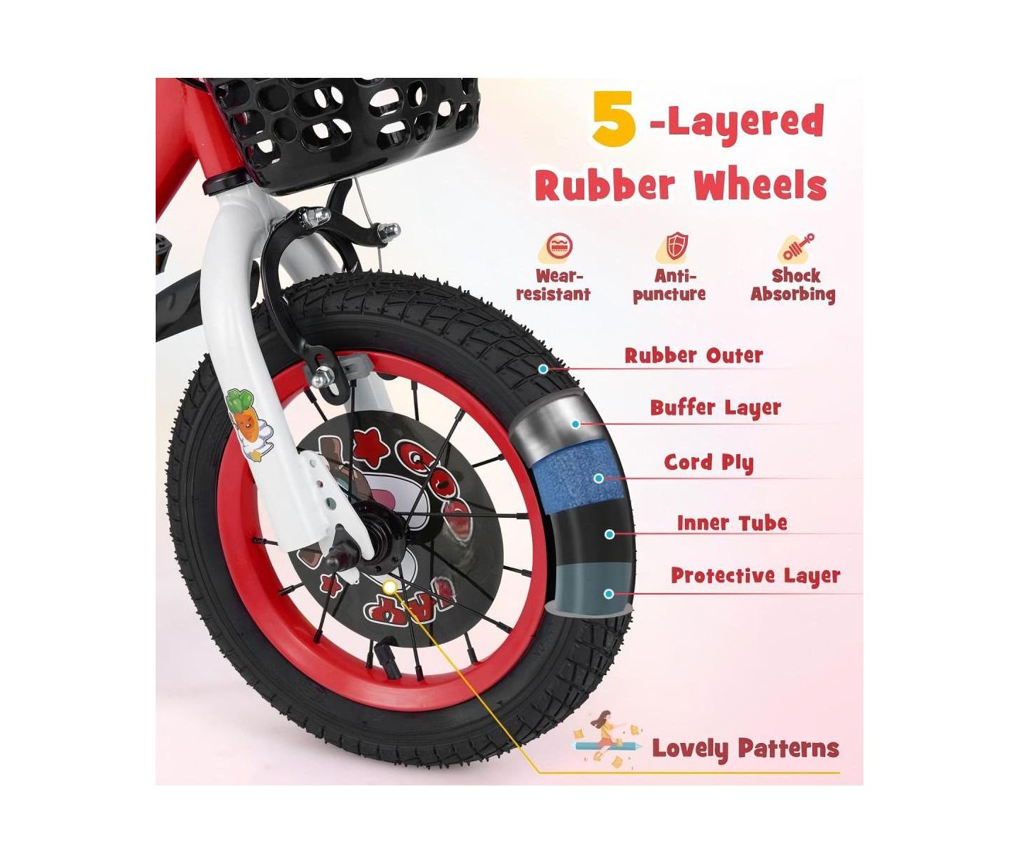 Детская игрушка HONGGE 12-Inch Steel Kids Bike with Adjustable Seat and Storage Basket, Ages 3-4, цвет: Красный — фото 7