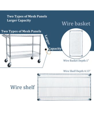 Heavy Duty Rolling Utility Cart, 3 Tier Metal Kitchen Carts On Wheels with Handle Bar & Wire Shelf for Restaurant, Plant Display
