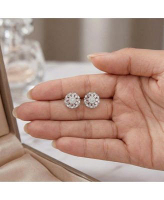 Brilliant White Gold Plated CZ Sunburst Halo Stud Earrings