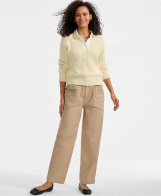 Women's Herringbone Chino High Rise Relaxed Straight Drawstring Ankle Pants